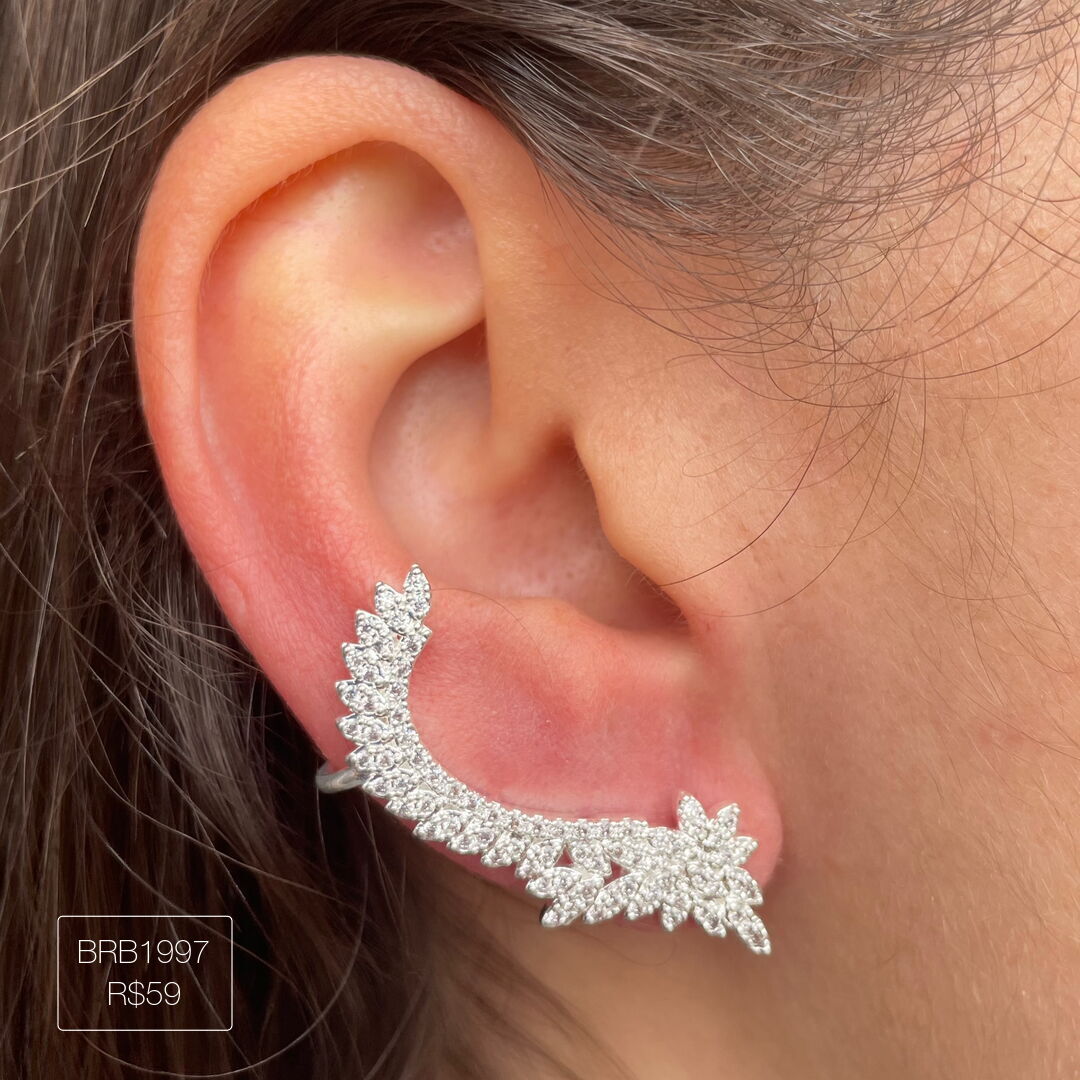 Brinco Ear Cuff Mini Cravejado Delicado Cristal Prateado